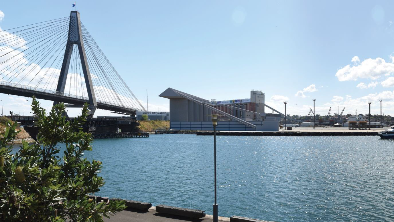 Glebe Island terminal with bridge and waterway