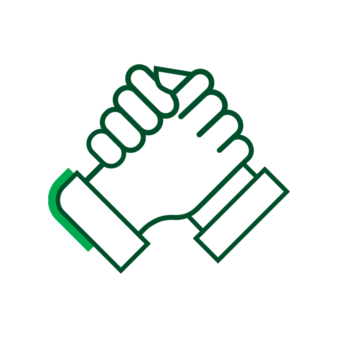 Icon of two hands shaking, symbolizing care and trust