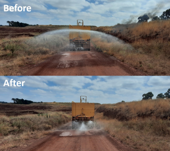Before and after comparison of dust control using water reduction at Diggers Rest Quarry.