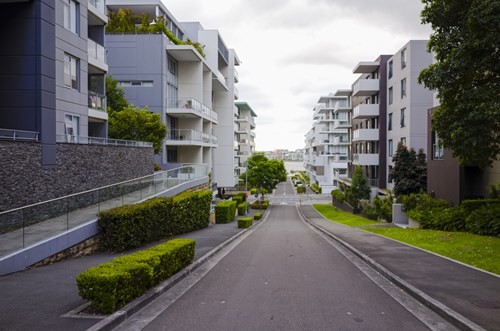 Modern residential multistorey buildings with landscaping
