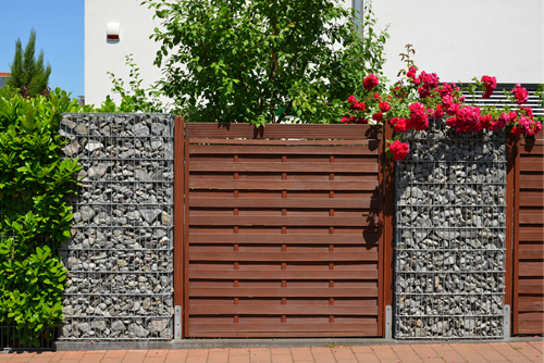 Gabion wall with plants and decorative stone