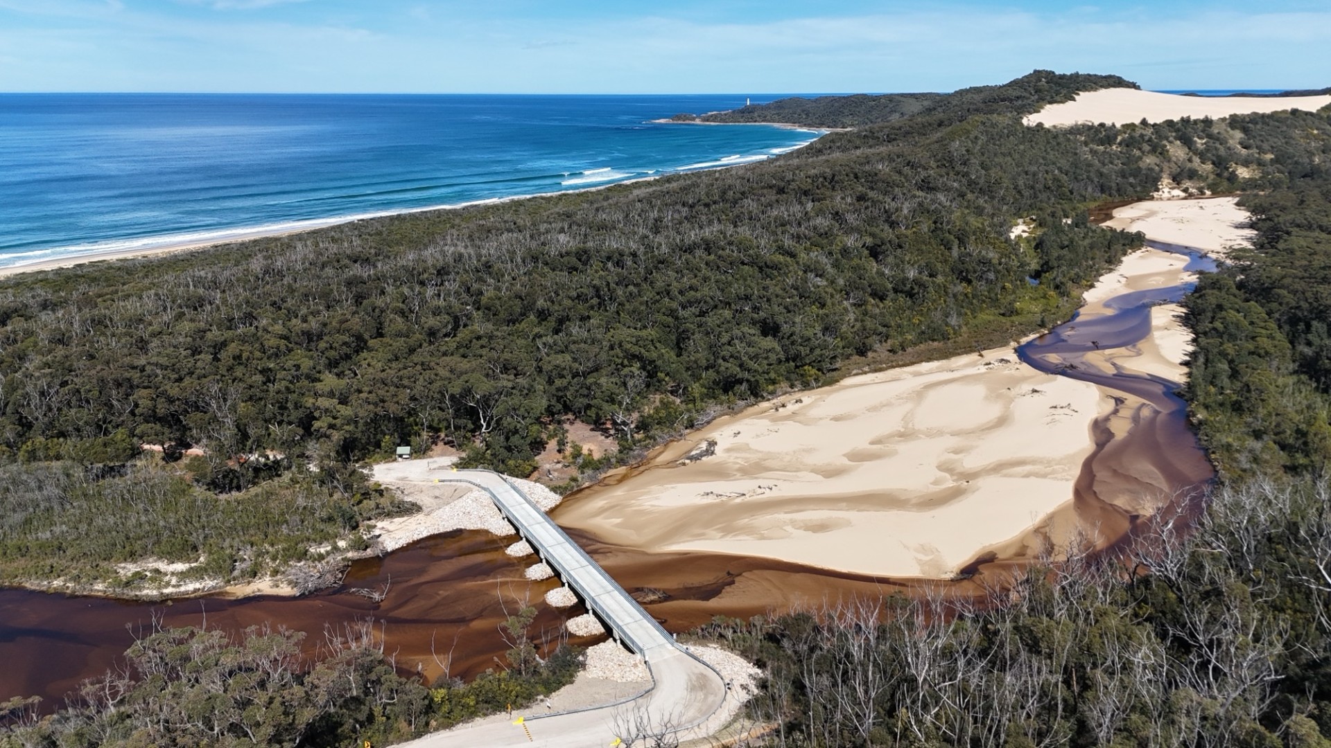 Completed Thurra Bridge reconstruction project delivered by Heidelberg Materials Australia, featuring the restored bridge structure, roadway and surrounding civil infrastructure within the natural landscape.