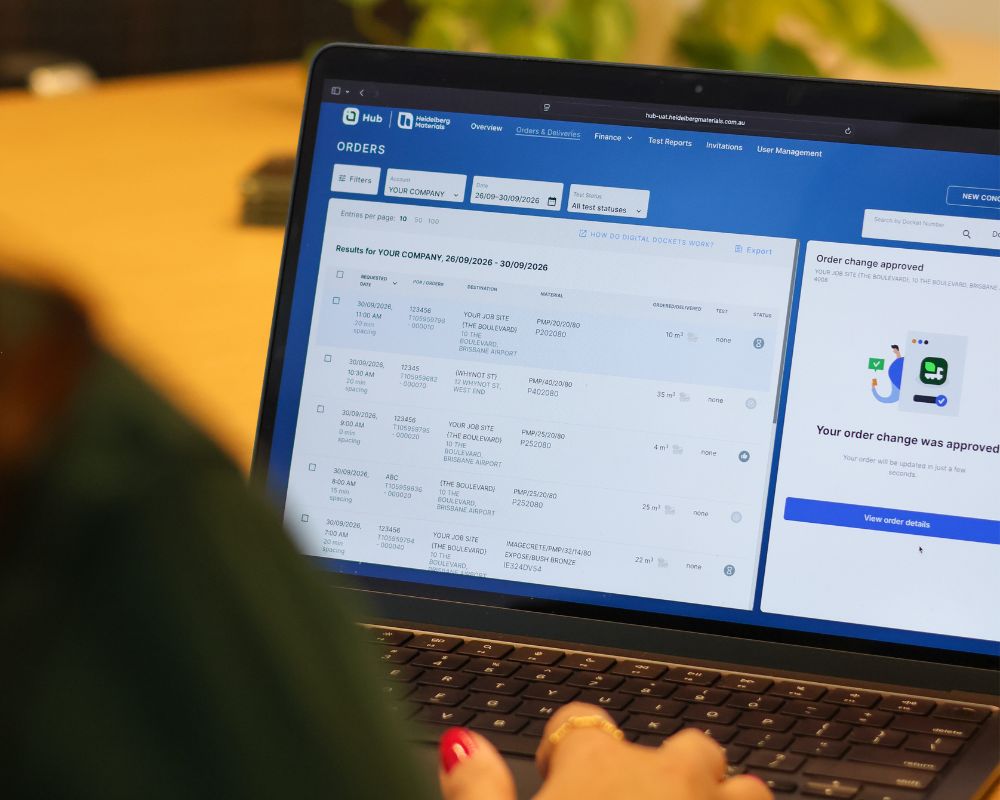 Orders & Deliveries screen on Heidelberg Materials' Hub web portal.